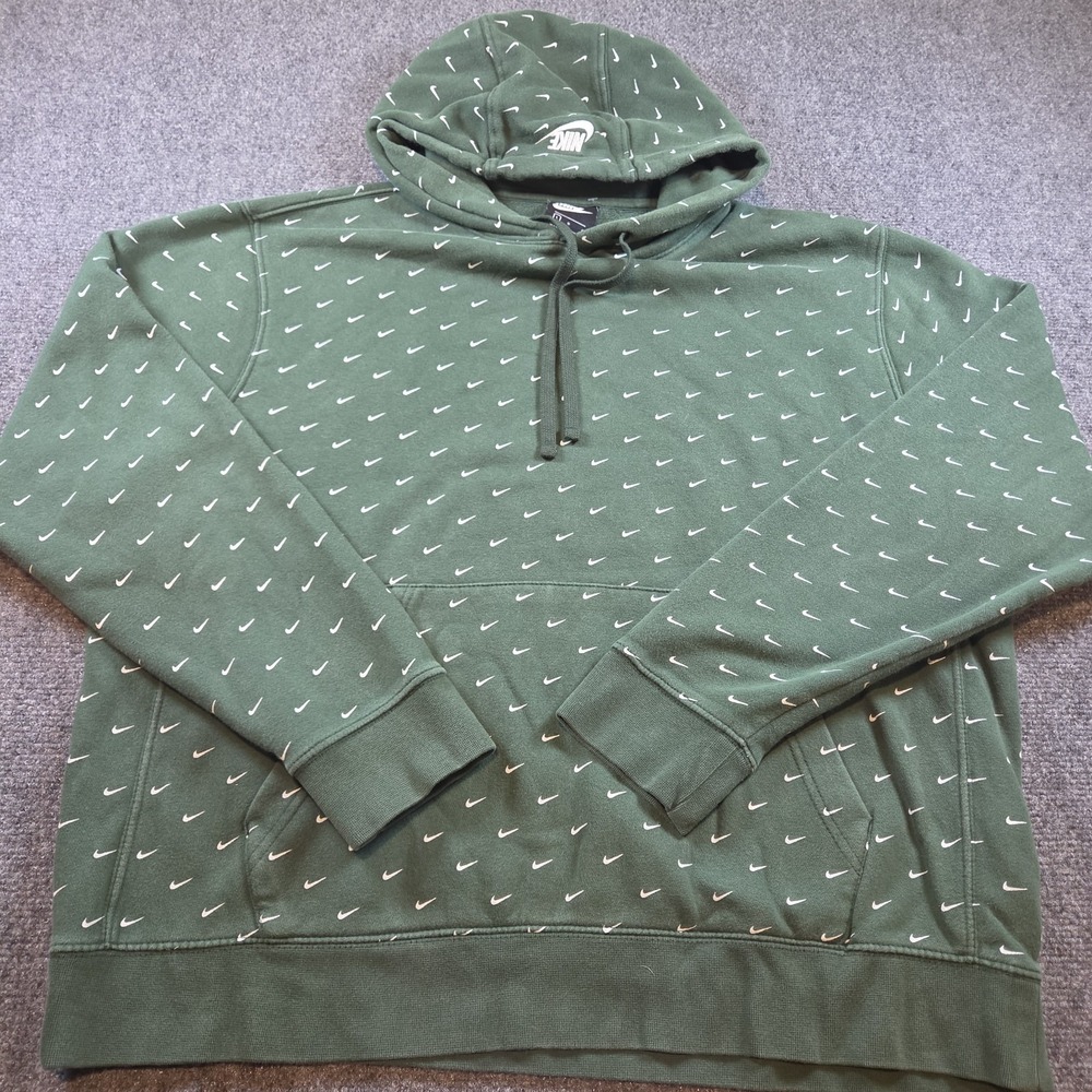 Nike Hoodie Men Large Green All Over Swoosh Logo Print Sweatshirt Pullover L